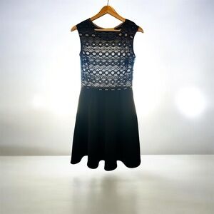 Black Midi Dress, Nude shell front under lace, Sheer lace in the back Size LP